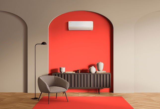 Wall mounted air conditioning unit in a bedroom